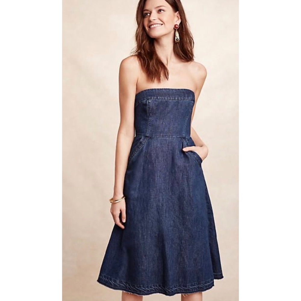 Holding Horses Strapless Denim Dress Womens 4 Blue‎ Pockets Midi Fit Flare Boho